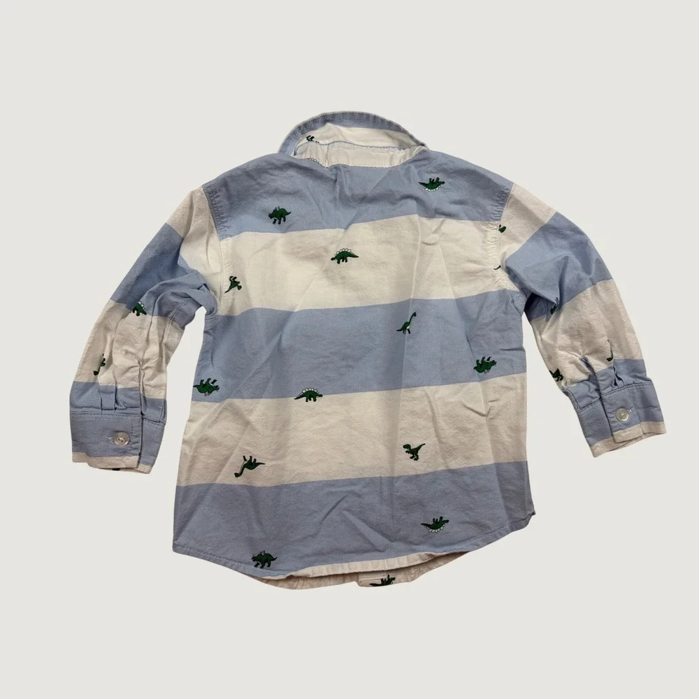 Old Navy Toddler Boys Blue White Striped Dinosaur Embroidered Button Down Shirt